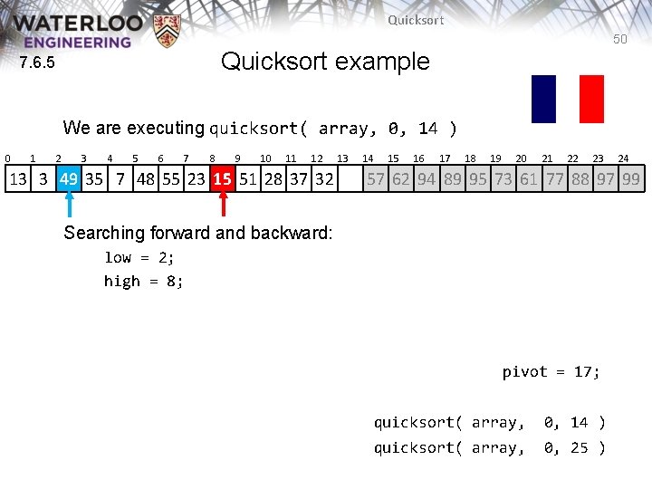 Quicksort 50 Quicksort example 7. 6. 5 We are executing quicksort( array, 0, 14 Quicksort 50 Quicksort example 7. 6. 5 We are executing quicksort( array, 0, 14