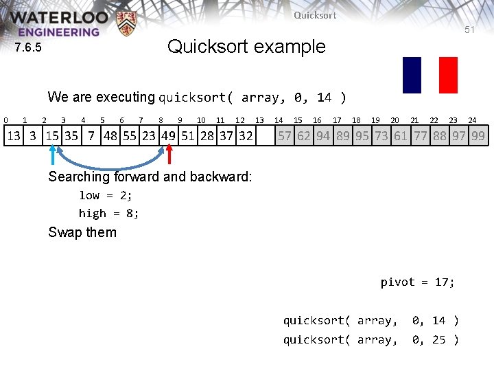 Quicksort 51 Quicksort example 7. 6. 5 We are executing quicksort( array, 0, 14 Quicksort 51 Quicksort example 7. 6. 5 We are executing quicksort( array, 0, 14
