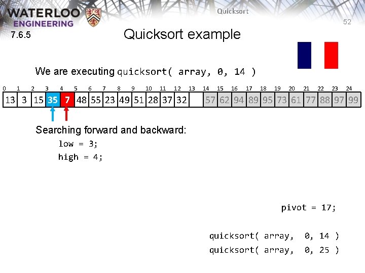 Quicksort 52 Quicksort example 7. 6. 5 We are executing quicksort( array, 0, 14 Quicksort 52 Quicksort example 7. 6. 5 We are executing quicksort( array, 0, 14