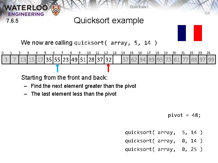 Quicksort 64 Quicksort example 7. 6. 5 We now are calling quicksort( array, 5, Quicksort 64 Quicksort example 7. 6. 5 We now are calling quicksort( array, 5,