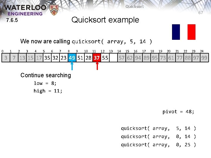 Quicksort 67 Quicksort example 7. 6. 5 We now are calling quicksort( array, 5, Quicksort 67 Quicksort example 7. 6. 5 We now are calling quicksort( array, 5,