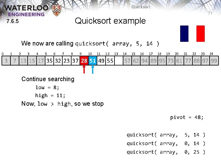 Quicksort 71 Quicksort example 7. 6. 5 We now are calling quicksort( array, 5, Quicksort 71 Quicksort example 7. 6. 5 We now are calling quicksort( array, 5,