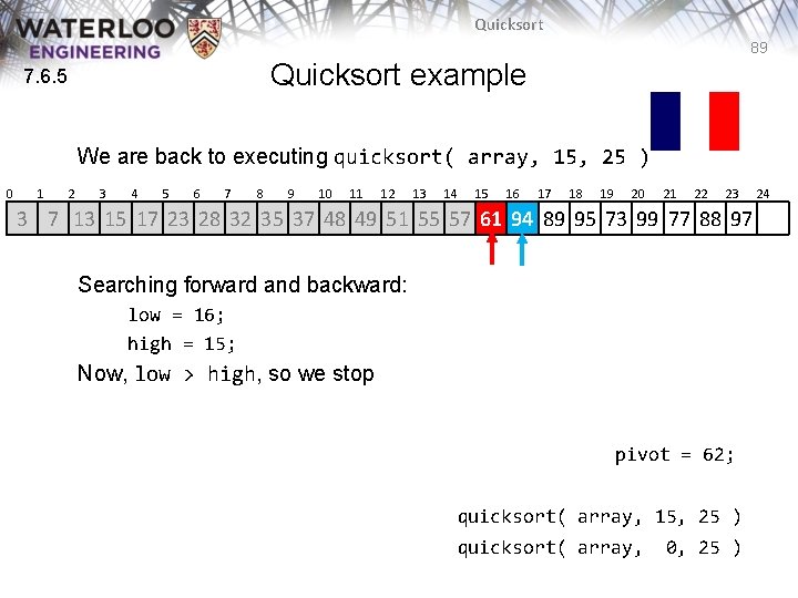 Quicksort 89 Quicksort example 7. 6. 5 We are back to executing quicksort( array, Quicksort 89 Quicksort example 7. 6. 5 We are back to executing quicksort( array,