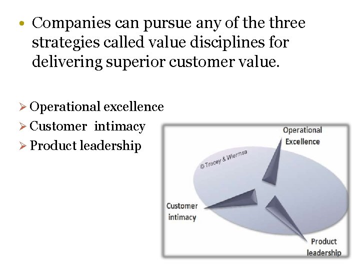  • Companies can pursue any of the three strategies called value disciplines for