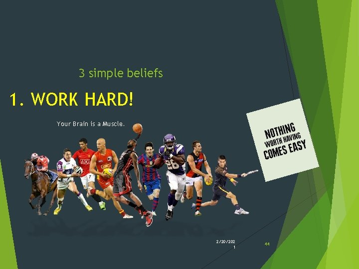 3 simple beliefs 1. WORK HARD! Your Brain is a Muscle. 2/20/202 1 44 3 simple beliefs 1. WORK HARD! Your Brain is a Muscle. 2/20/202 1 44