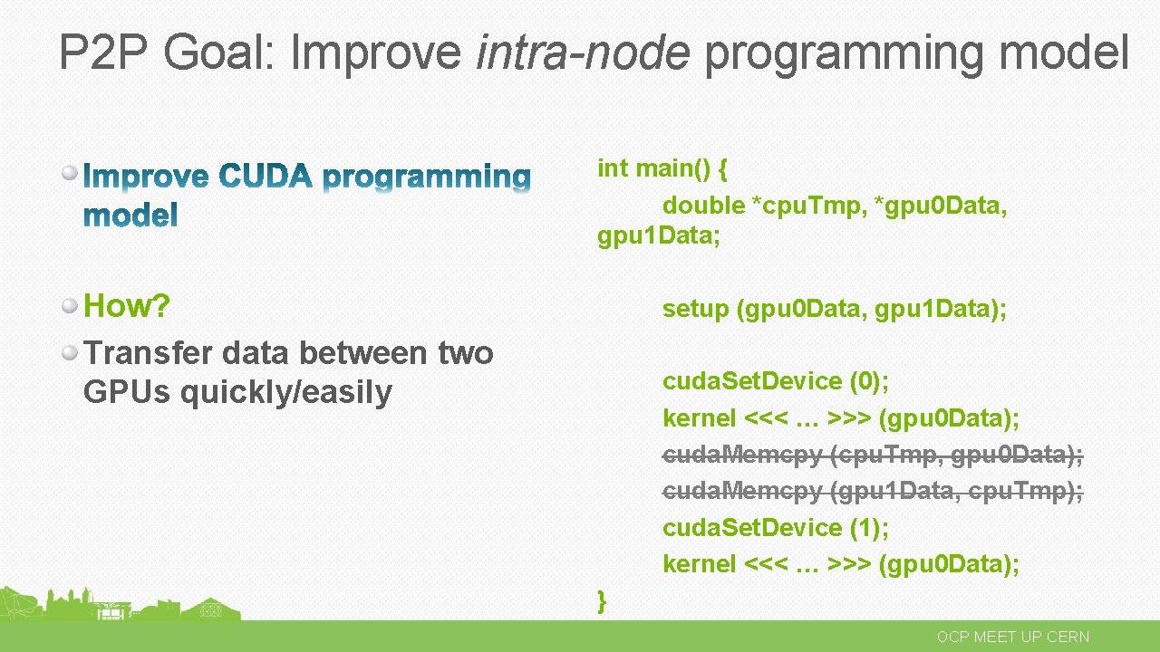 P 2 P Goal: Improve intra-node programming model int main() { double *cpu. Tmp,