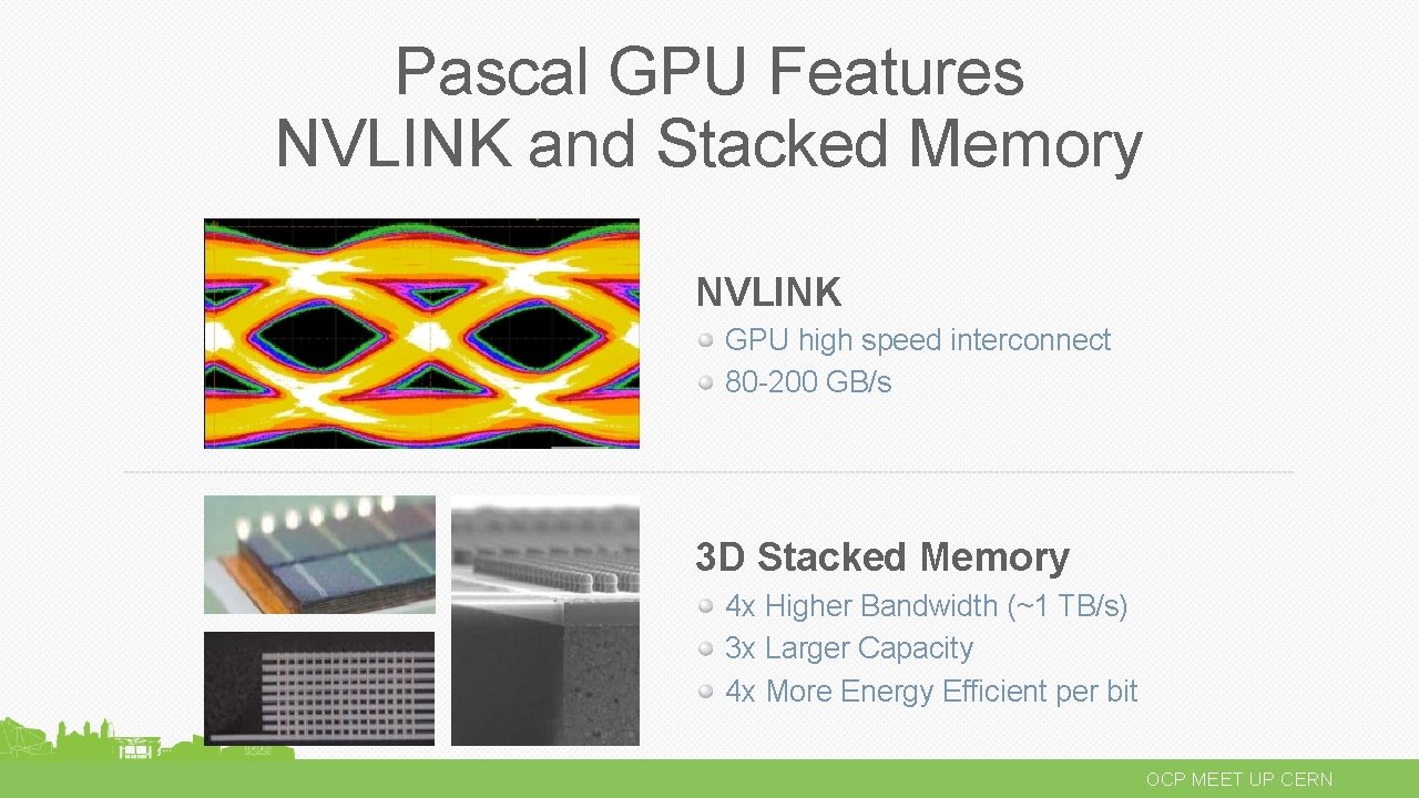 Pascal GPU Features NVLINK and Stacked Memory NVLINK GPU high speed interconnect 80 -200