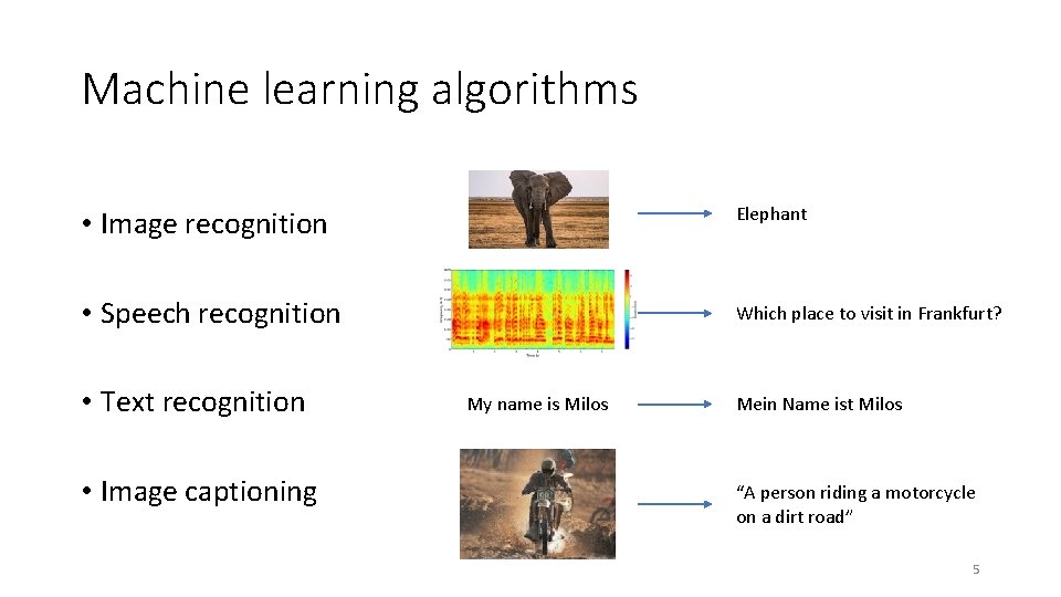 Machine learning algorithms • Image recognition Elephant • Speech recognition Which place to visit