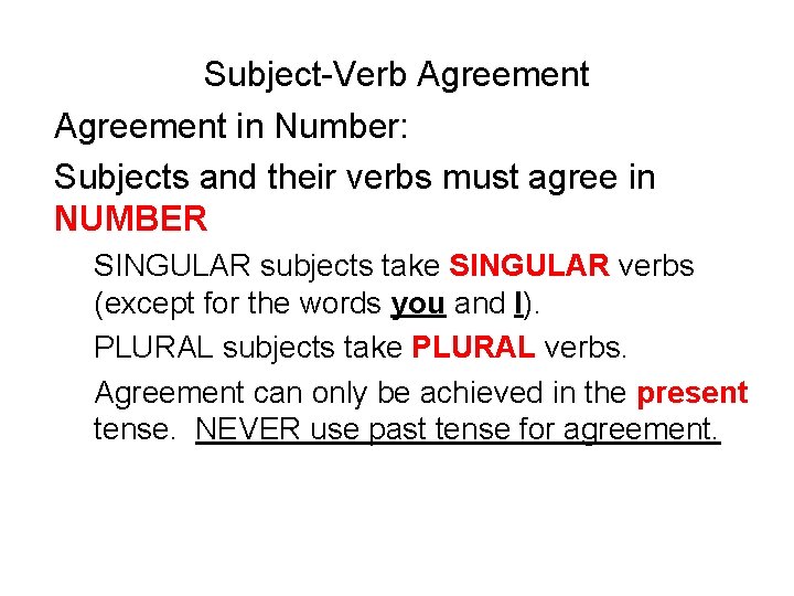 Subject-Verb Agreement in Number: Subjects and their verbs must agree in NUMBER SINGULAR subjects