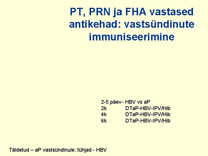 PT, PRN ja FHA vastased antikehad: vastsündinute immuniseerimine 2 -5 päev - HBV vs