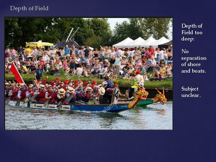 Depth of Field too deep: No separation of shore and boats. Subject unclear. 