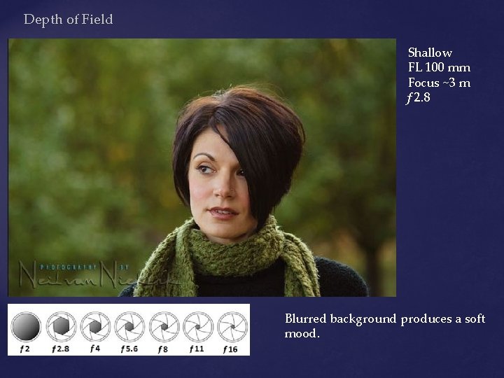 Depth of Field Shallow FL 100 mm Focus ~3 m f 2. 8 Blurred