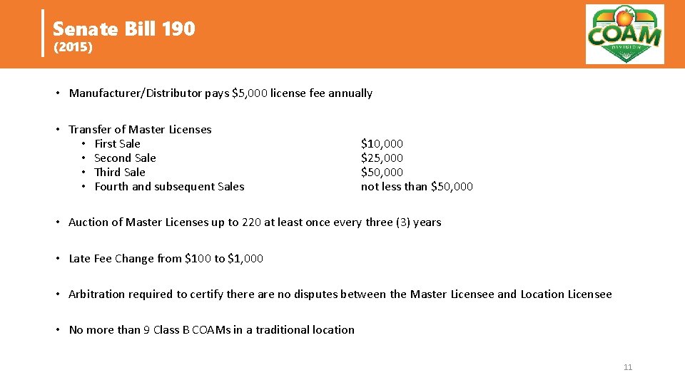 Senate Bill 190 (2015) • Manufacturer/Distributor pays $5, 000 license fee annually • Transfer