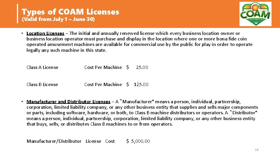 Types of COAM Licenses (Valid from July 1 – June 30) • Location Licenses