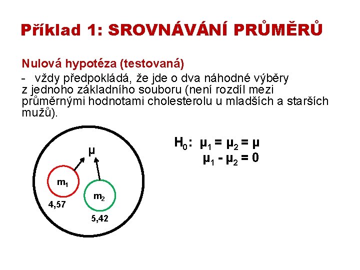 Příklad 1: SROVNÁVÁNÍ PRŮMĚRŮ Nulová hypotéza (testovaná) - vždy předpokládá, že jde o dva