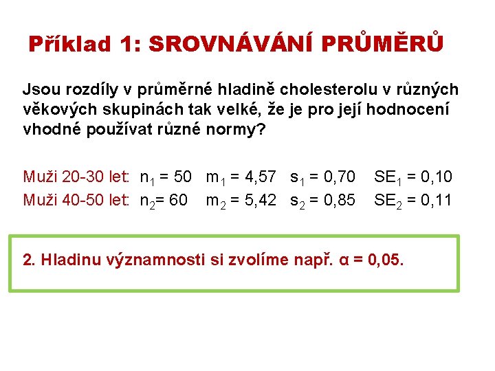 Příklad 1: SROVNÁVÁNÍ PRŮMĚRŮ Jsou rozdíly v průměrné hladině cholesterolu v různých věkových skupinách