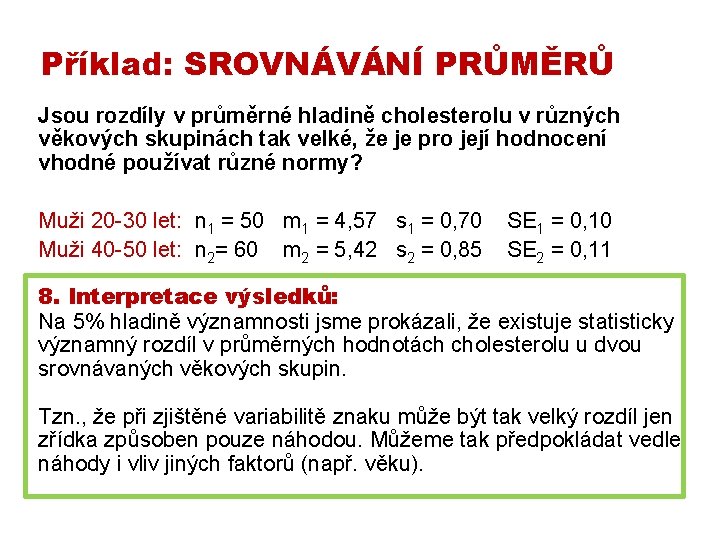 Příklad: SROVNÁVÁNÍ PRŮMĚRŮ Jsou rozdíly v průměrné hladině cholesterolu v různých věkových skupinách tak Příklad: SROVNÁVÁNÍ PRŮMĚRŮ Jsou rozdíly v průměrné hladině cholesterolu v různých věkových skupinách tak