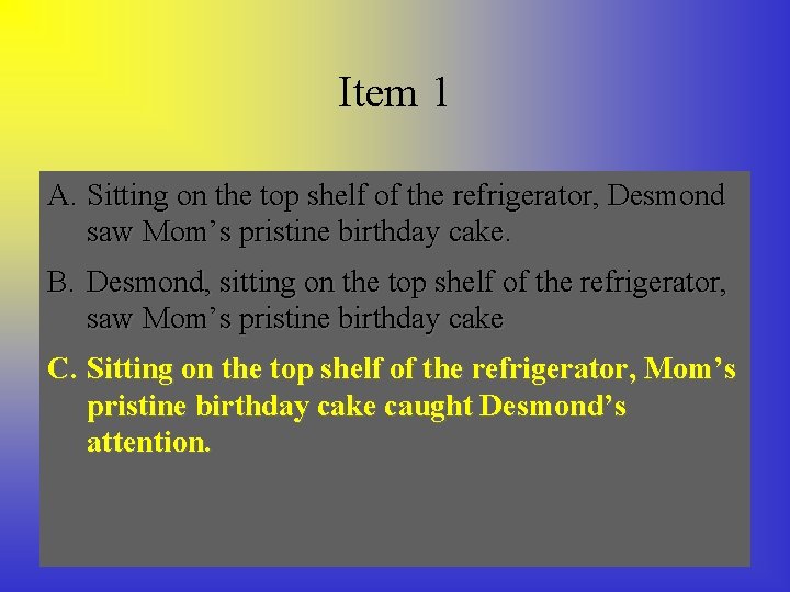 Item 1 A. Sitting on the top shelf of the refrigerator, Desmond saw Mom’s