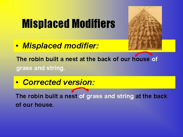 Misplaced Modifiers • Misplaced modifier: The robin built a nest at the back of