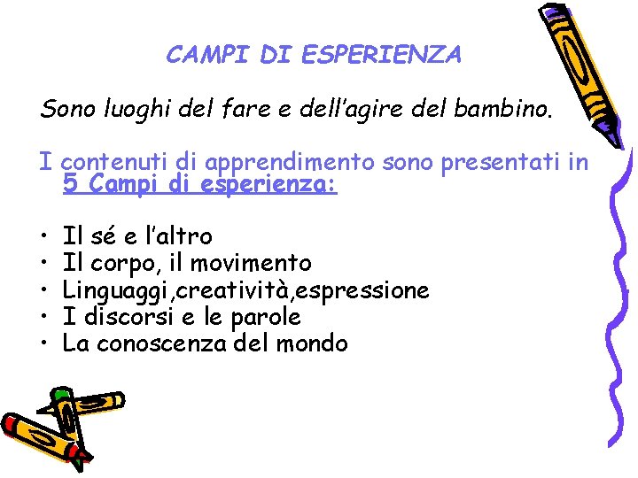 CAMPI DI ESPERIENZA Sono luoghi del fare e dell’agire del bambino. I contenuti di