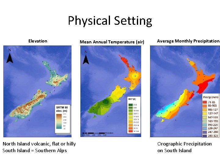Physical Setting Elevation North Island volcanic, flat or hilly South Island = Southern Alps Physical Setting Elevation North Island volcanic, flat or hilly South Island = Southern Alps