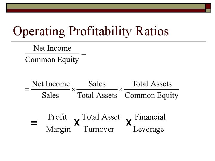 Operating Profitability Ratios = Profit Margin Total Asset x Turnover Financial x Leverage 