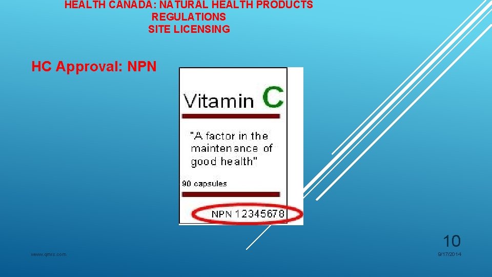 HEALTH CANADA: NATURAL HEALTH PRODUCTS REGULATIONS SITE LICENSING HC Approval: NPN 10 www. qmrs.