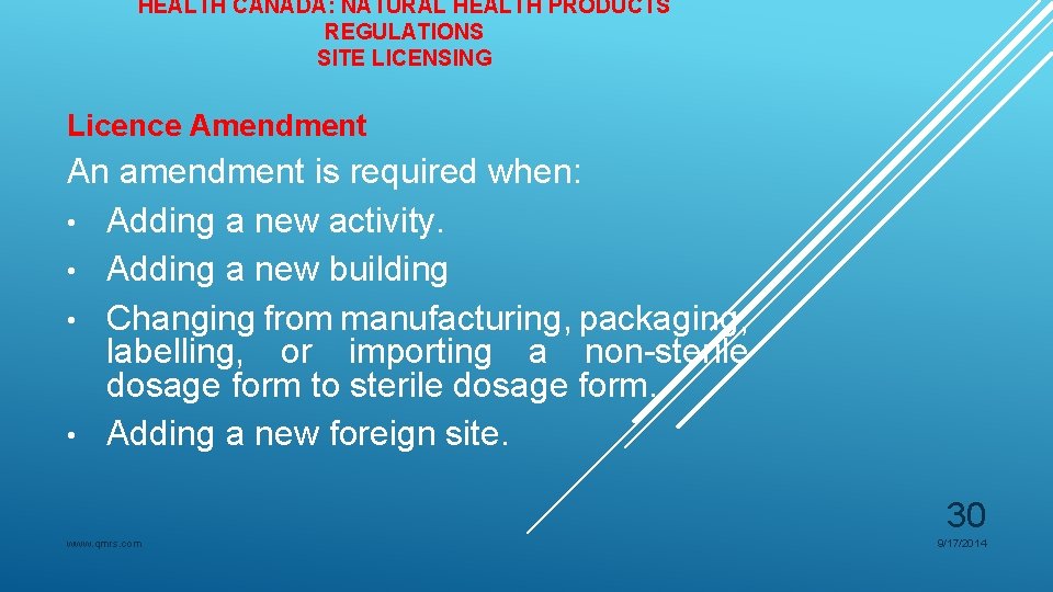 HEALTH CANADA: NATURAL HEALTH PRODUCTS REGULATIONS SITE LICENSING Licence Amendment An amendment is required