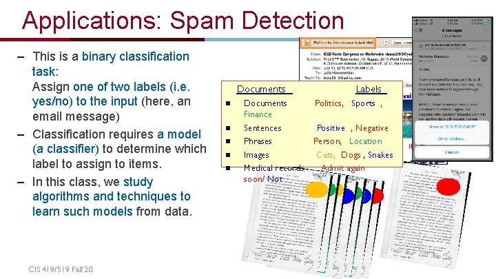 Applications: Spam Detection – This is a binary classification task: Assign one of two