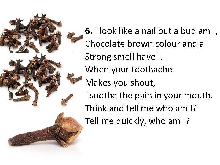 6. I look like a nail but a bud am I, Chocolate brown colour 6. I look like a nail but a bud am I, Chocolate brown colour