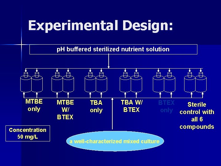 Experimental Design: p. H buffered sterilized nutrient solution MTBE only Concentration 50 mg/L MTBE Experimental Design: p. H buffered sterilized nutrient solution MTBE only Concentration 50 mg/L MTBE