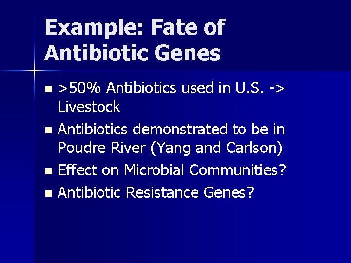 Example: Fate of Antibiotic Genes >50% Antibiotics used in U. S. -> Livestock n Example: Fate of Antibiotic Genes >50% Antibiotics used in U. S. -> Livestock n