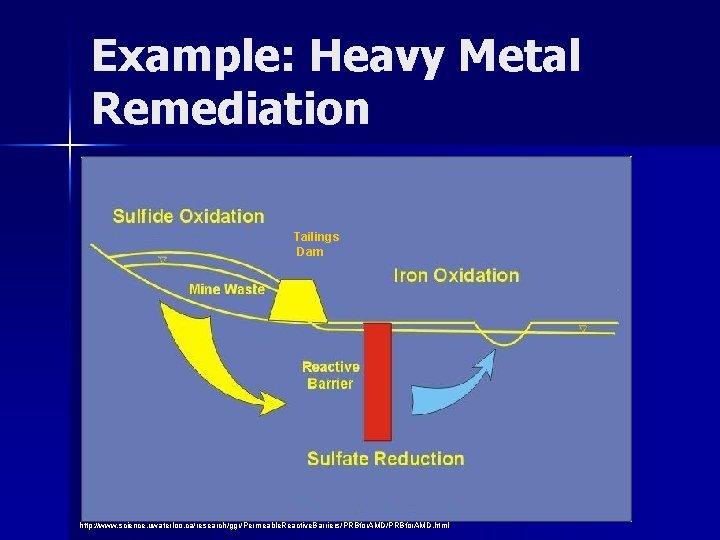 Example: Heavy Metal Remediation Tailings Dam http: //www. science. uwaterloo. ca/research/ggr/Permeable. Reactive. Barriers/PRBfor. AMD. Example: Heavy Metal Remediation Tailings Dam http: //www. science. uwaterloo. ca/research/ggr/Permeable. Reactive. Barriers/PRBfor. AMD.