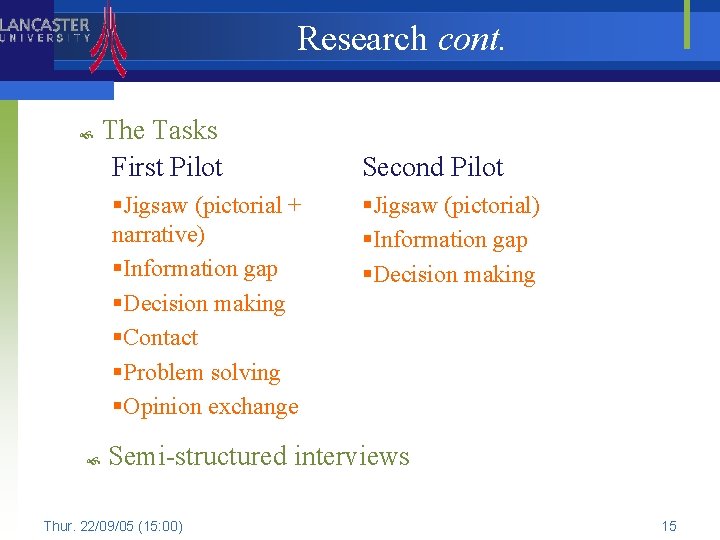 Research cont. The Tasks First Pilot §Jigsaw (pictorial + narrative) §Information gap §Decision making