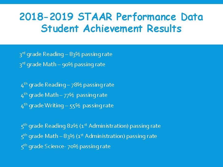 2018 -2019 STAAR Performance Data Student Achievement Results 3 rd grade Reading – 83%