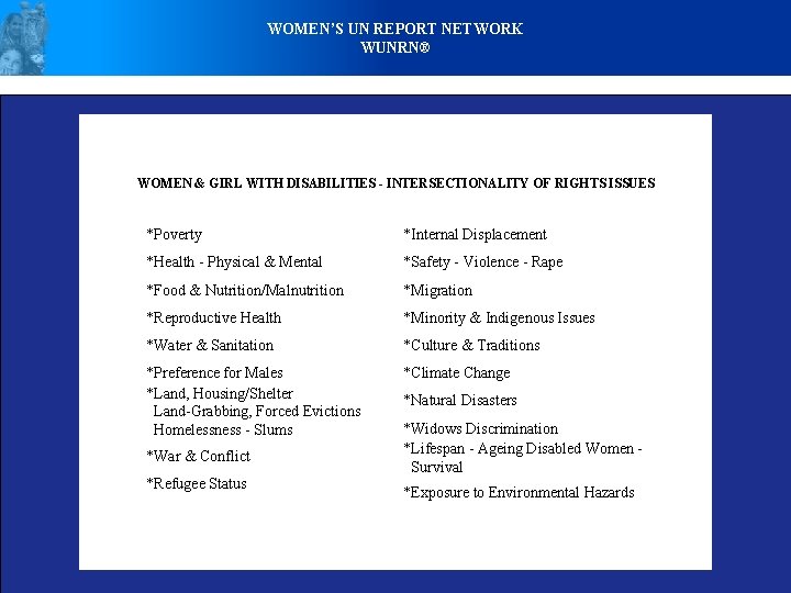 WOMEN’S UN REPORT NETWORK WUNRN® WOMEN & GIRL WITH DISABILITIES - INTERSECTIONALITY OF RIGHTS