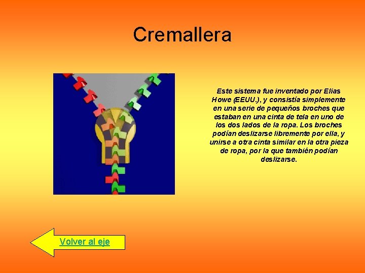 Cremallera Este sistema fue inventado por Elias Howe (EEUU. ), y consistía simplemente en