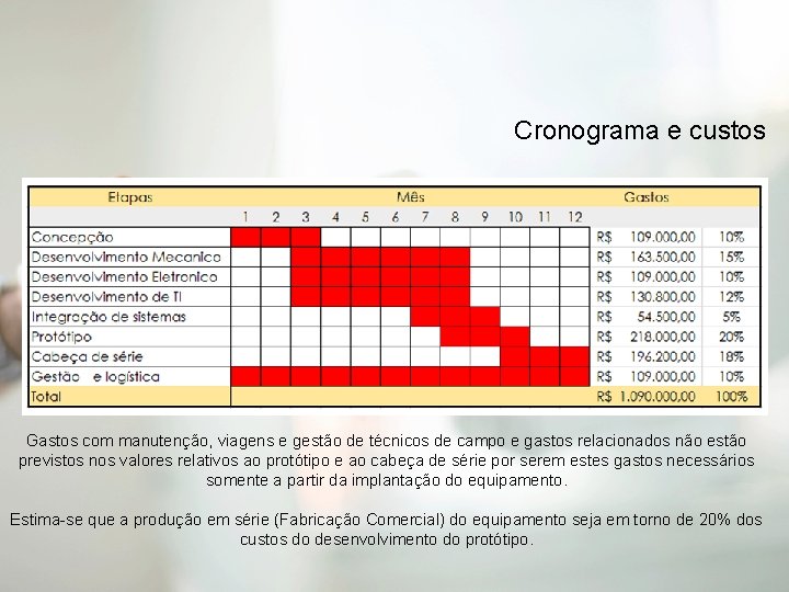 Cronograma e custos Gastos com manutenção, viagens e gestão de técnicos de campo e