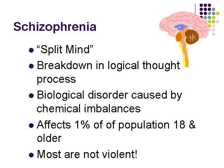 Schizophrenia “Split Mind” l Breakdown in logical thought process l Biological disorder caused by