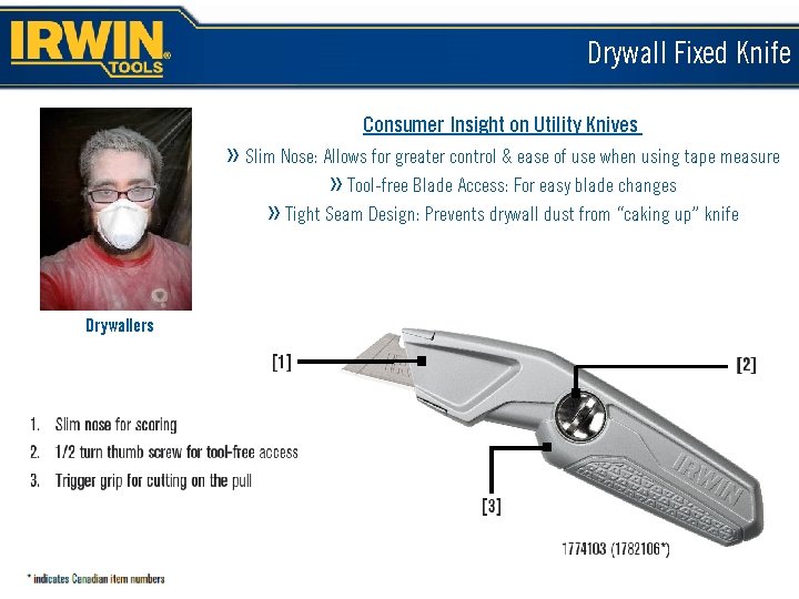 Drywall Fixed Knife Consumer Insight on Utility Knives » Slim Nose: Allows for greater