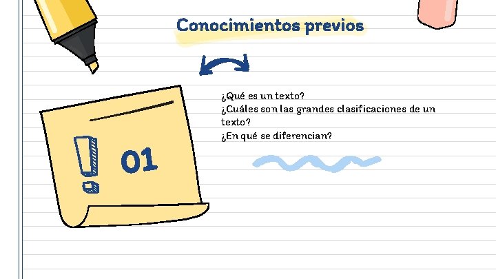 Conocimientos previos 01 ¿Qué es un texto? ¿Cuáles son las grandes clasificaciones de un