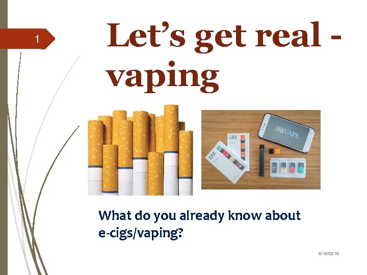 1 Let’s get real vaping What do you already know about e-cigs/vaping? 6/16/2016 