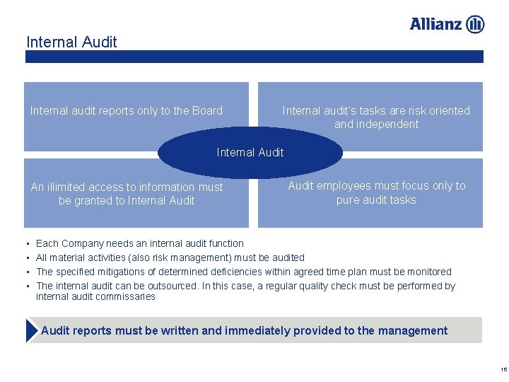 Internal Audit Internal audit reports only to the Board Internal audit’s tasks are risk