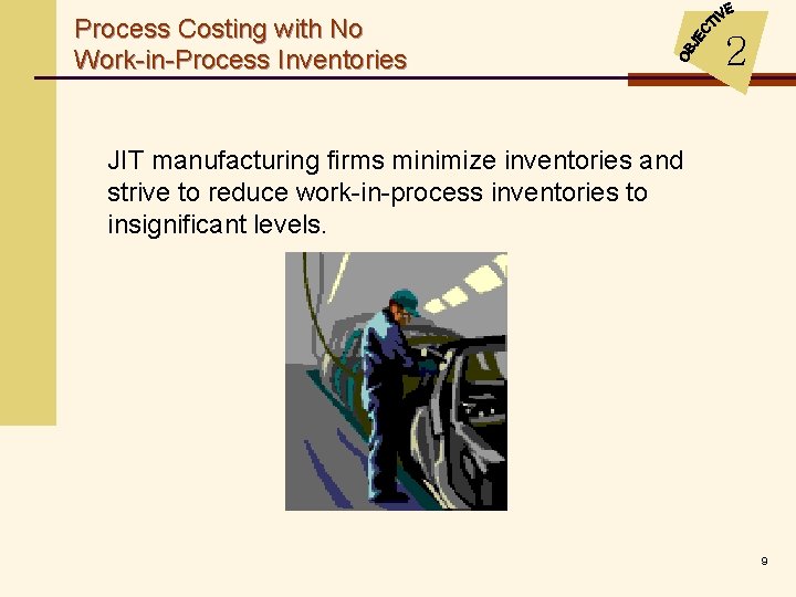 Process Costing with No Work-in-Process Inventories 2 JIT manufacturing firms minimize inventories and strive