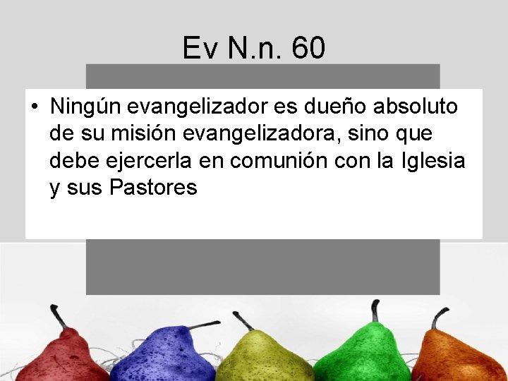 Ev N. n. 60 • Ningún evangelizador es dueño absoluto de su misión evangelizadora,