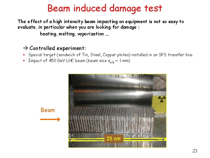 Beam induced damage test The effect of a high intensity beam impacting on equipment