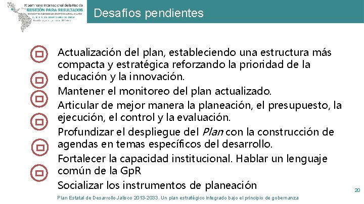 Desafíos pendientes Actualización del plan, estableciendo una estructura más compacta y estratégica reforzando la