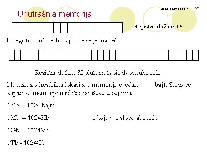 vladaf@matf. bg. ac. rs Unutrašnja memorija Registar dužine 16 U registru dužine 16 zapisuje