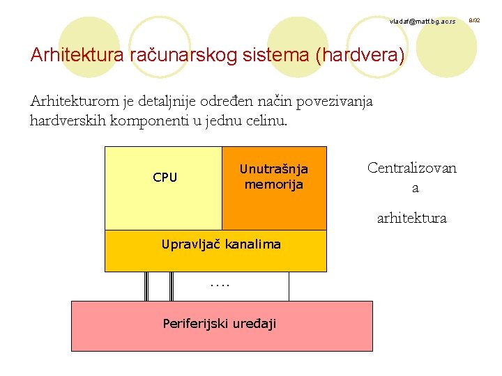 vladaf@matf. bg. ac. rs Arhitektura računarskog sistema (hardvera) Arhitekturom je detaljnije određen način povezivanja