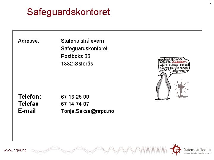 7 Safeguardskontoret Adresse: Statens strålevern Safeguardskontoret Postboks 55 1332 Østerås Telefon: Telefax E-mail 67